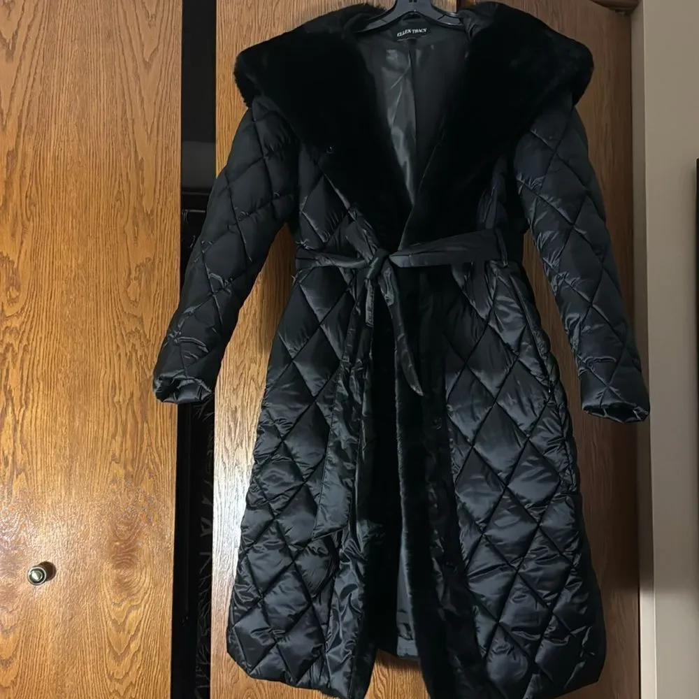 ELLEN TRACY Hooded Puffer Jacket With Faux Fur Trim - Black Size XL